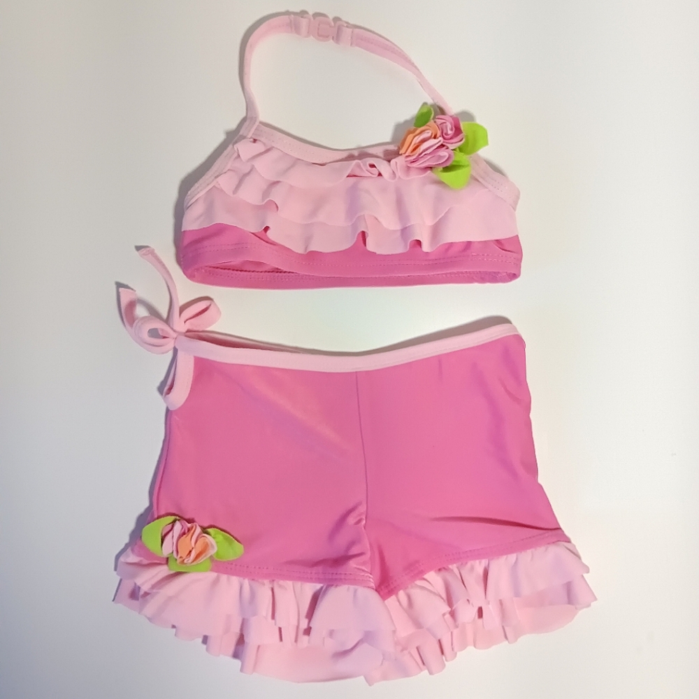 Girls' Pink and Orange Ruffled Swim Set
